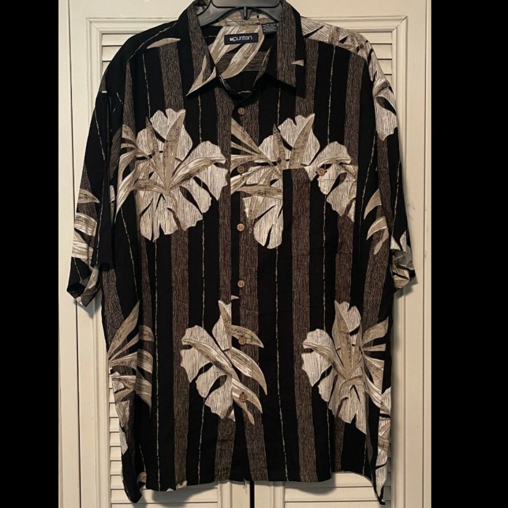 Men's PURITAN Black Tan Floral Hawaiian Shirt 100% Rayon Size XL EUC